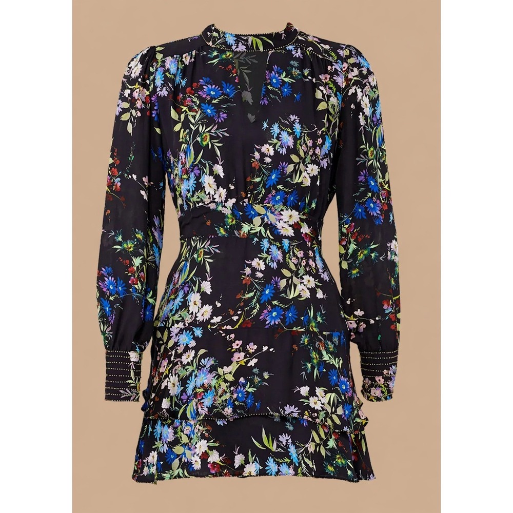 Parker Chrissy Dress 2 100% Silk Floral Beaded Cutout‎ Tiered Mini As Seen On TV